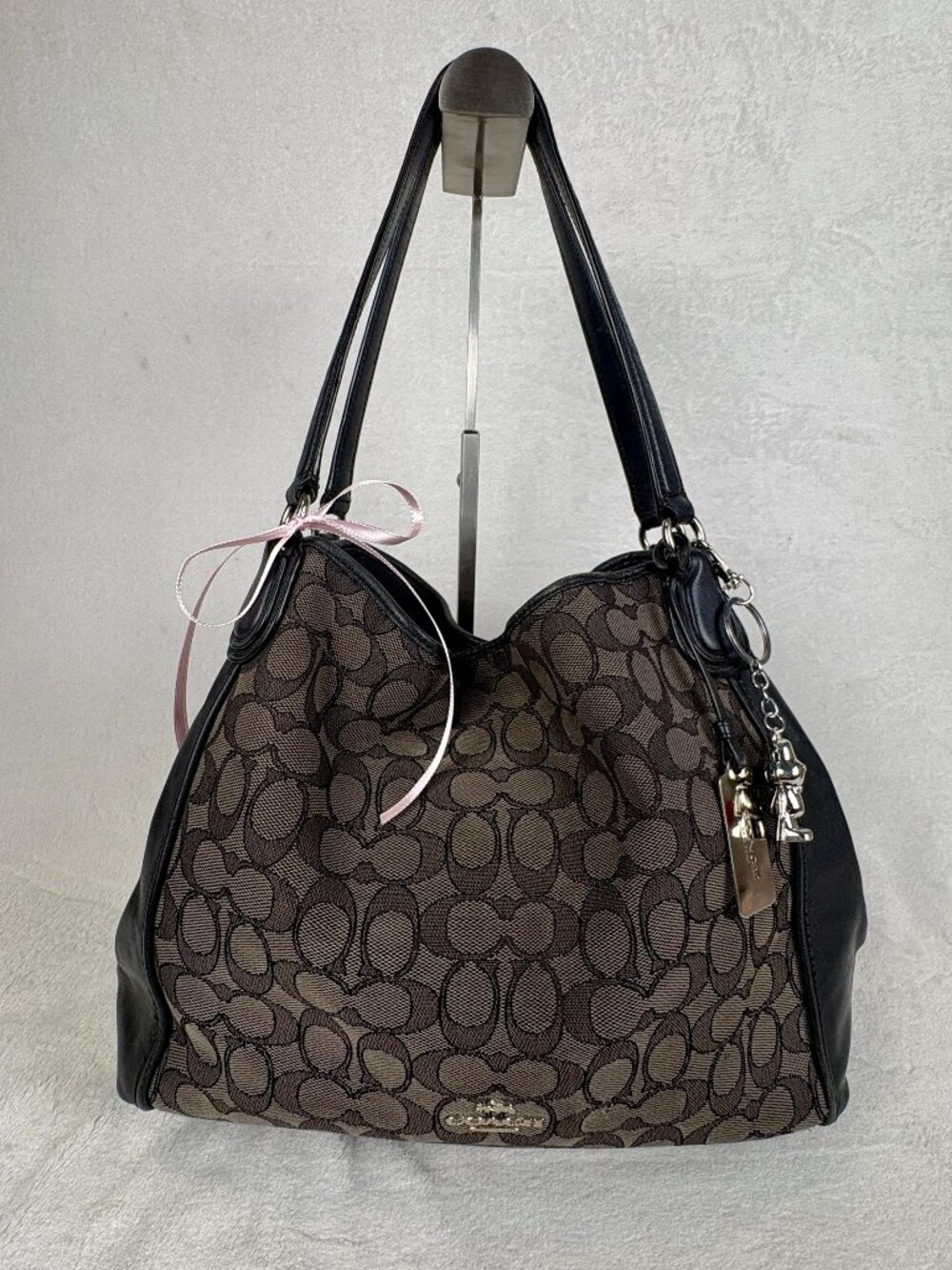 Coach Edie 31 in Signature Jacquard and Black Leather Trim with Charm